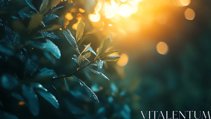 Dewy leaves in soft morning light, bokeh nature photography.