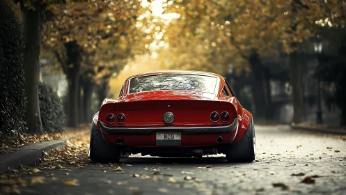 Red classic sports car idles on an autumn tree lined boulevard