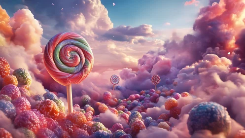 Surreal Candy Landscape with Spiral Lollipop and Cotton Candy Sky.