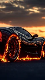 Sleek black sports car with flaming wheels at sunset.