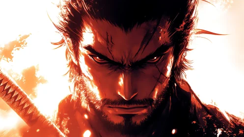 Fierce lone swordsman framed in blazing, molten light.