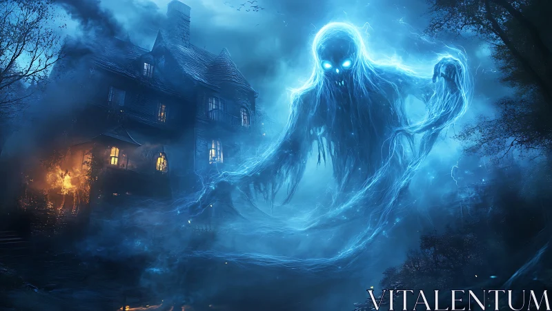 Glowing ghostly spirit rises over a lonely, stormy mansion