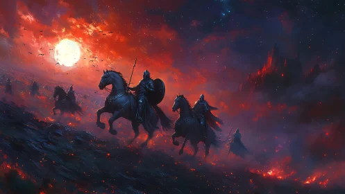 Crimson night cavalry charging toward a burning obsidian citadel.