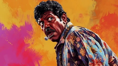 Colorful digital portrait of surprised man in floral shirt.