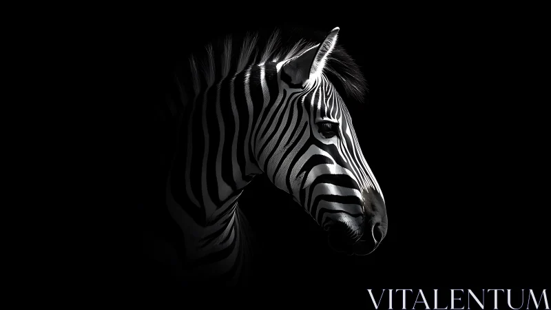 Zebra portrait in dramatic low key monochrome light.