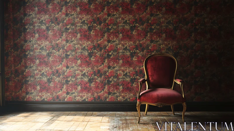 Crimson velvet throne resting in a moody patterned parlor.