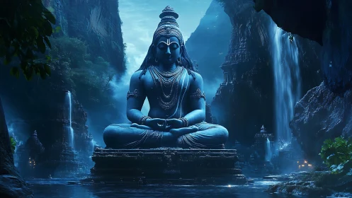 Majestic blue Shiva statue meditates within misty canyon temple