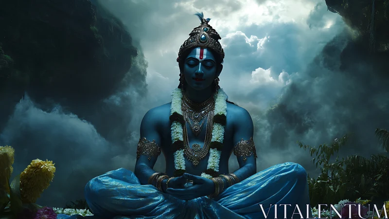 Divine blue deity meditating amid storm-lit jungle clouds.