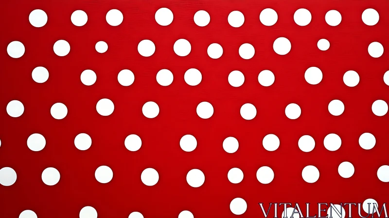 White polka dots align over bold red geometric backdrop.