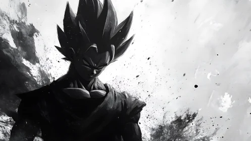 Monochrome warrior silhouette radiates intense dark energy.