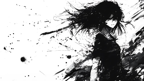 Monochrome ink figure with dynamic brushstroke motion.