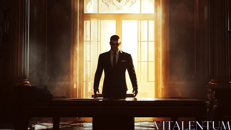 Backlit executive silhouette dominates opulent boardroom interior