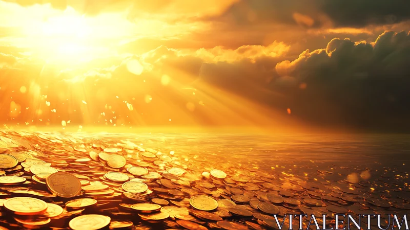Golden coins cover reflective water under intense sunset light