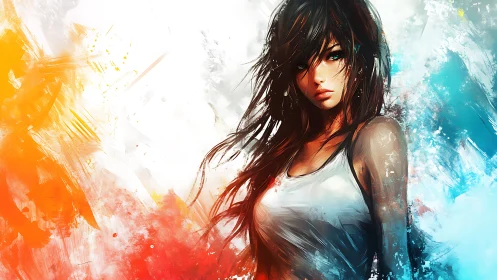 Digital painting of pensive woman amid dynamic chromatic bursts.