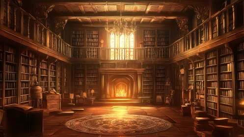 Grand two-level library interior with warm fireplace glow.