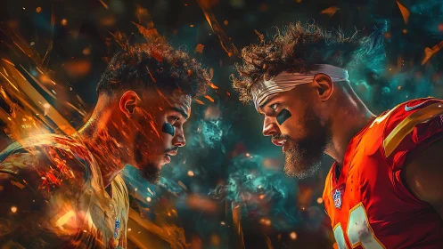 Gridiron rivals collide in blazing dual-portrait showdown.