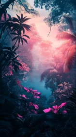 Bioluminescent jungle canopy under split-tone atmospheric haze