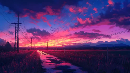 Electric dusk roadway mirrored in neon-streaked puddles of sky.