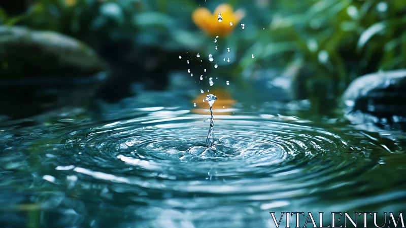 Water droplet impacts pond surface and generates circular ripples