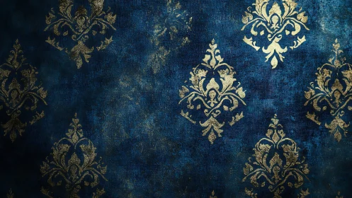 Ornate gold damask glows over textured midnight blue backdrop.