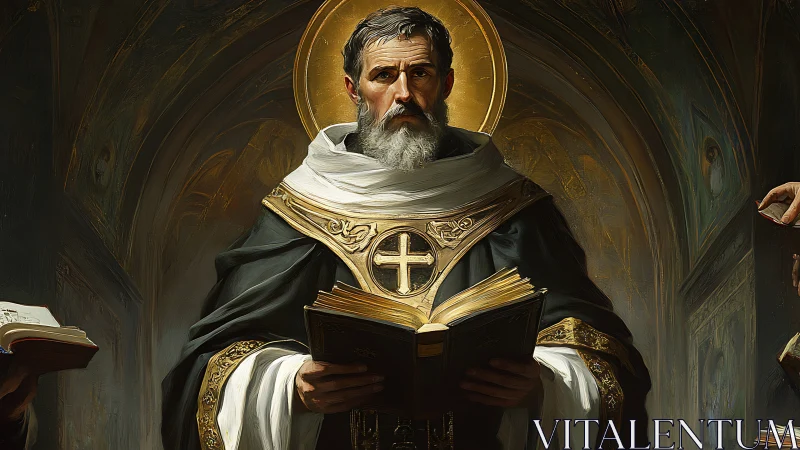 Bearded cleric holds illuminated book before arched backdrop