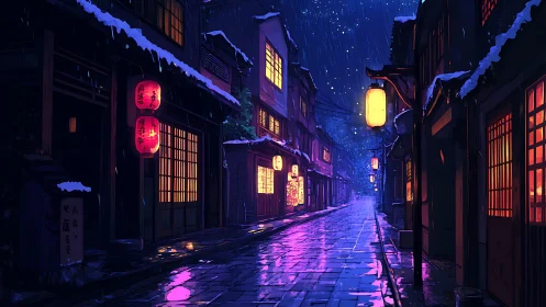 Lantern-lit snow street glows in neon dusk reflections.