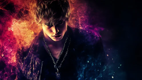 Moody portrait of young man in vivid abstract lighting.