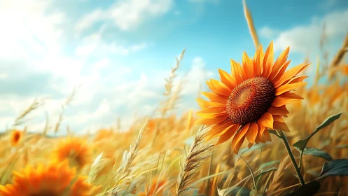 Digital painting of sunflowers in wind-swept summer field.