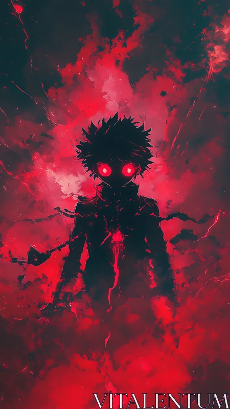 Dark silhouette with glowing red eyes in explosive void