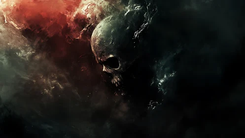 Skull-shaped nebular form emerges from turbulent red-black cosmic cloud