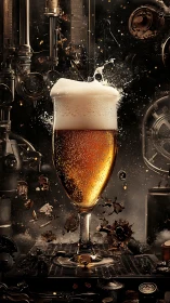 Effervescent lager in tulip glass amid industrial brewing hardware