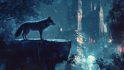 Lone wolf overlooks mistlit ruins under cold blue moon.