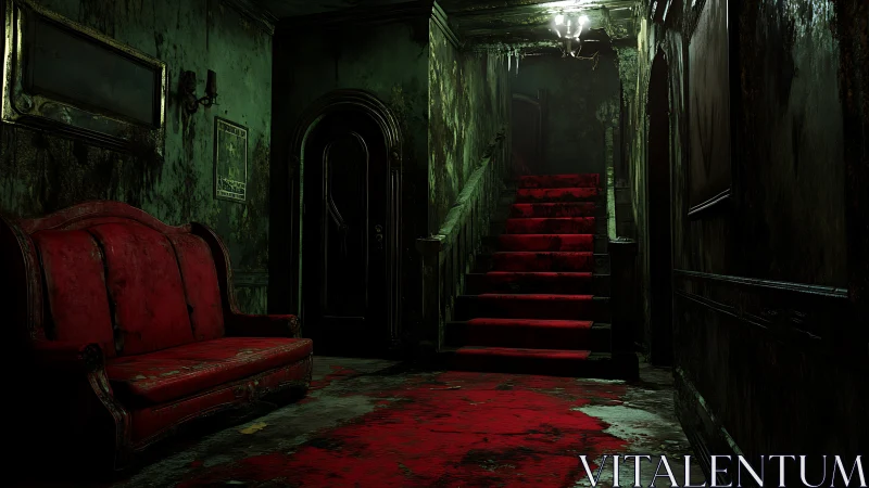 Decaying mansion hallway with blood-red carpet and stairs.