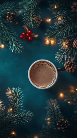 Hot cocoa rests amid glowing Christmas fir branches