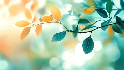 Delicate branch with colorful leaves in dreamy soft bokeh style.