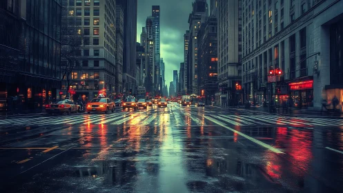 Rain-soaked city avenue captures cinematic nocturnal traffic flow