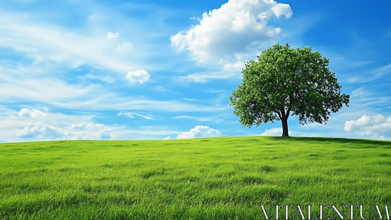 Lone tree on grassy hill under vibrant blue sky, landscape style.