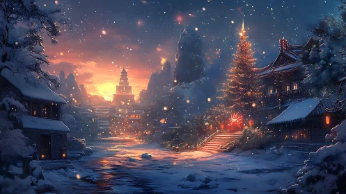 Snowy temple village at sunset with glowing festive lights.