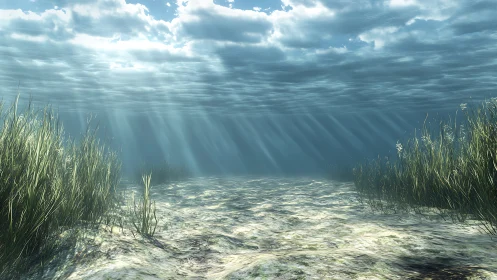 Shallow underwater seagrass bed with sunlit sandy floor.