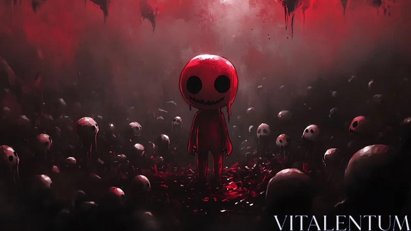 Bloodlit chibi horror figure amid skull-strewn voidscape.