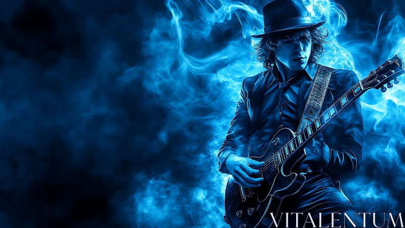 Electric blue guitarist in dynamic digital flame silhouette.