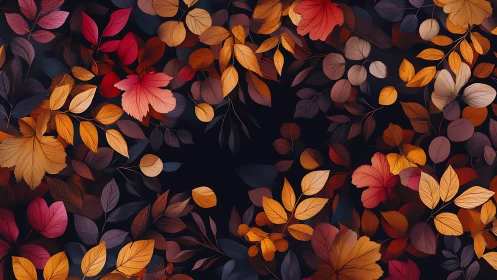 Autumnal foliage pattern with multicolored leaves on dark field.