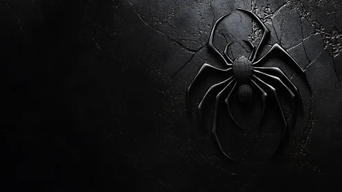 Monochrome 3D black spider emblem on cracked stone surface