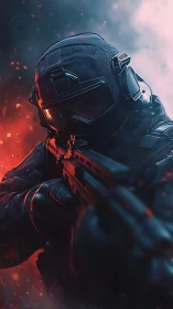 Tactical operator aims rifle through cinematic red smoke.