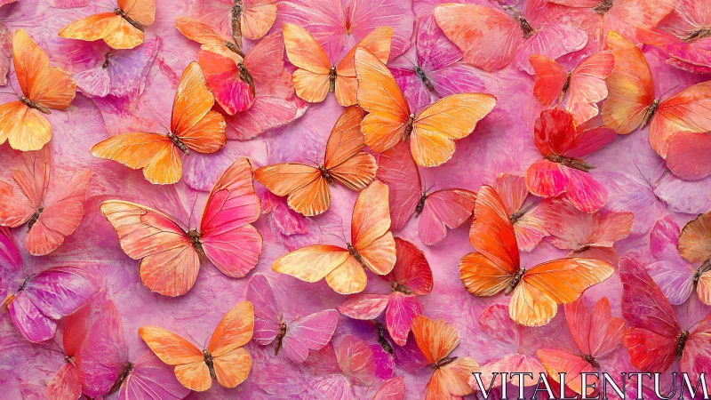 Vibrant orange butterflies swirl over luminous pink field.