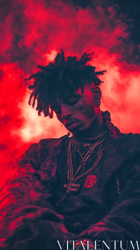 Brooding portrait in neon red smoke with dramatic contrast.