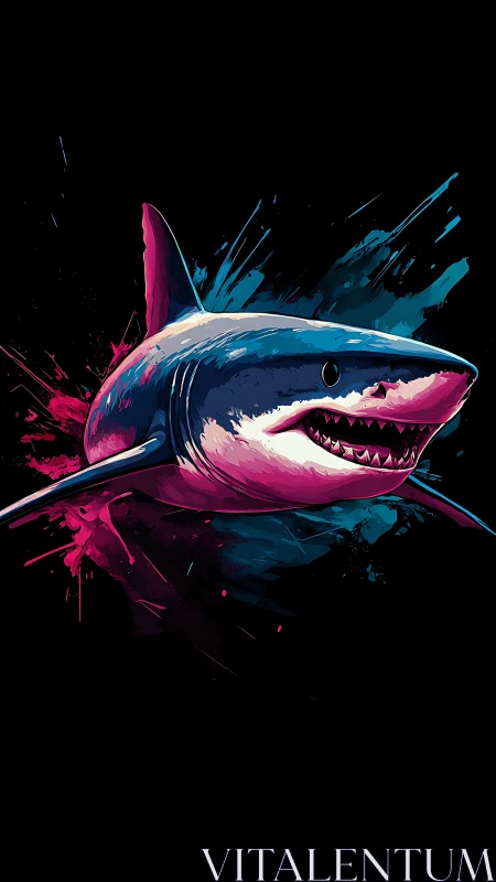 Bold neon shark illustration on black splatter background.