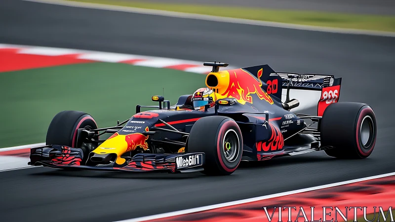 Flame-liveried Formula racer knifes through silvered circuit air.