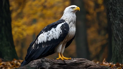 Bald eagle on tree stump in autumn forest, realistic wildlife style.