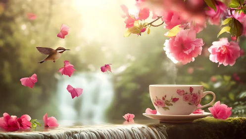 Morning tea drifts softly beneath blossoms and gentle wings